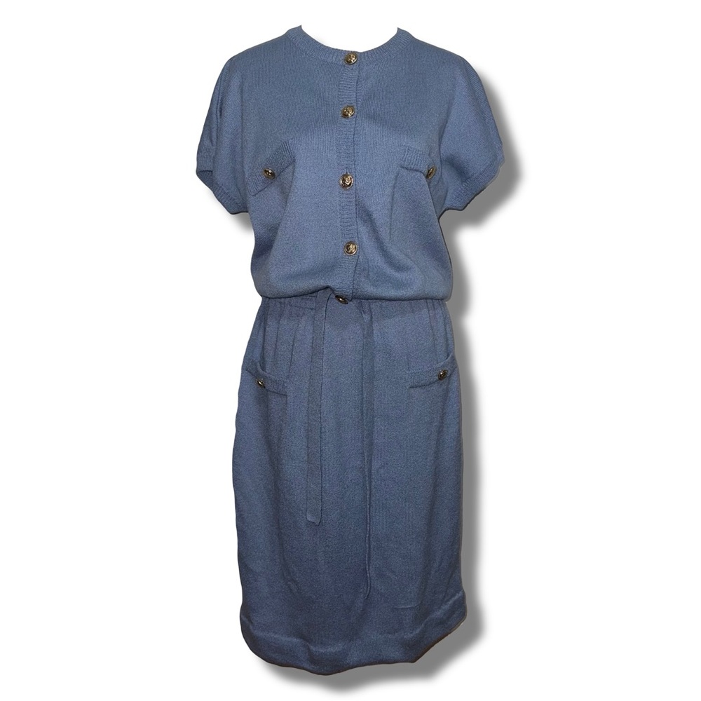 Vintage Light Blue Knit Belted Dress